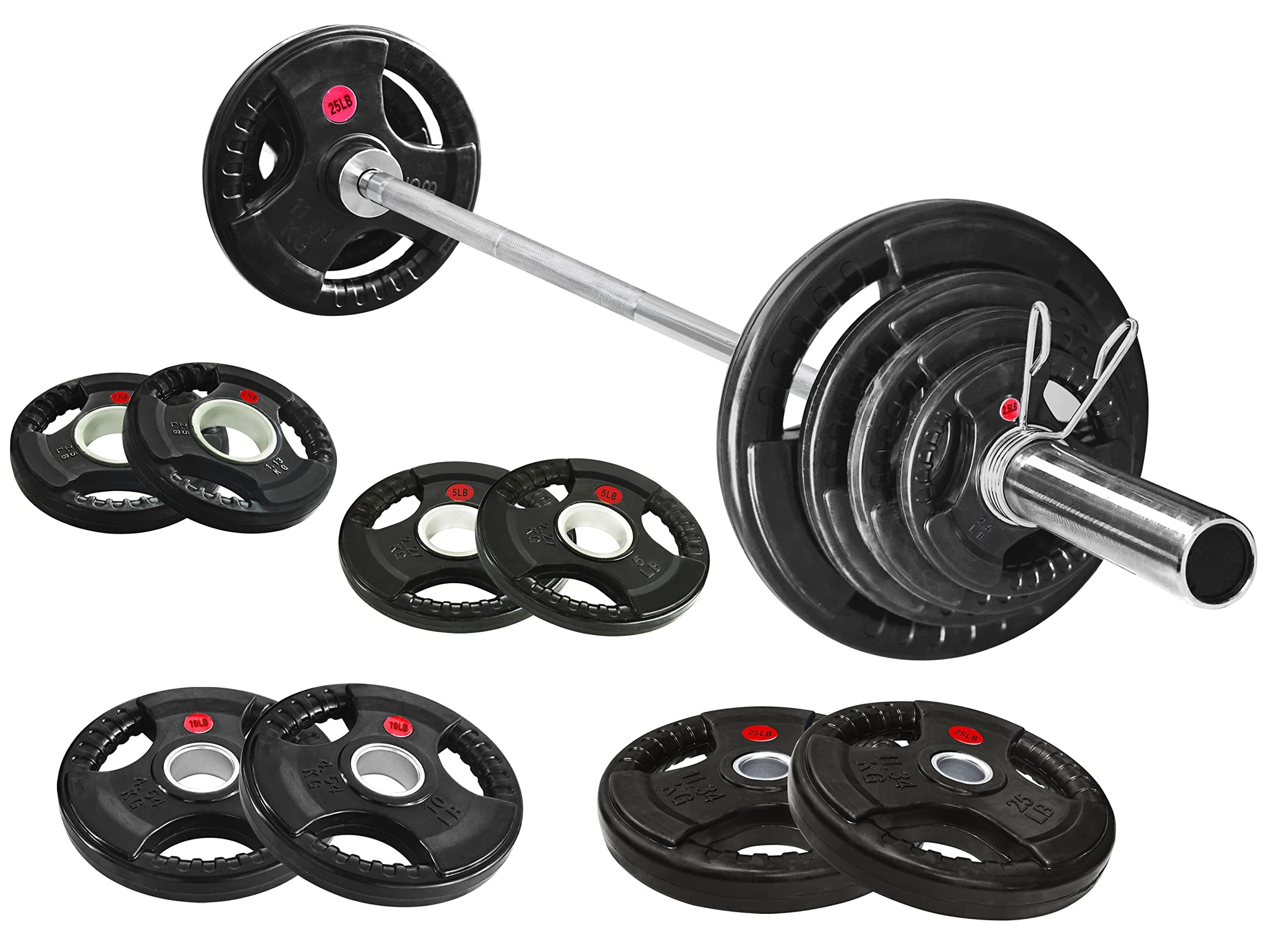 Photo 1 of ****FACTORY SEALED**** Fitvids 2 Inch Olympic Barbell Weight Plates and Bar Set, 5 FT Barbell Bar and 85 LB(2.5-25 LB) Barbell Weight Set for Home Gym Strength Training, Rubber Coate Design