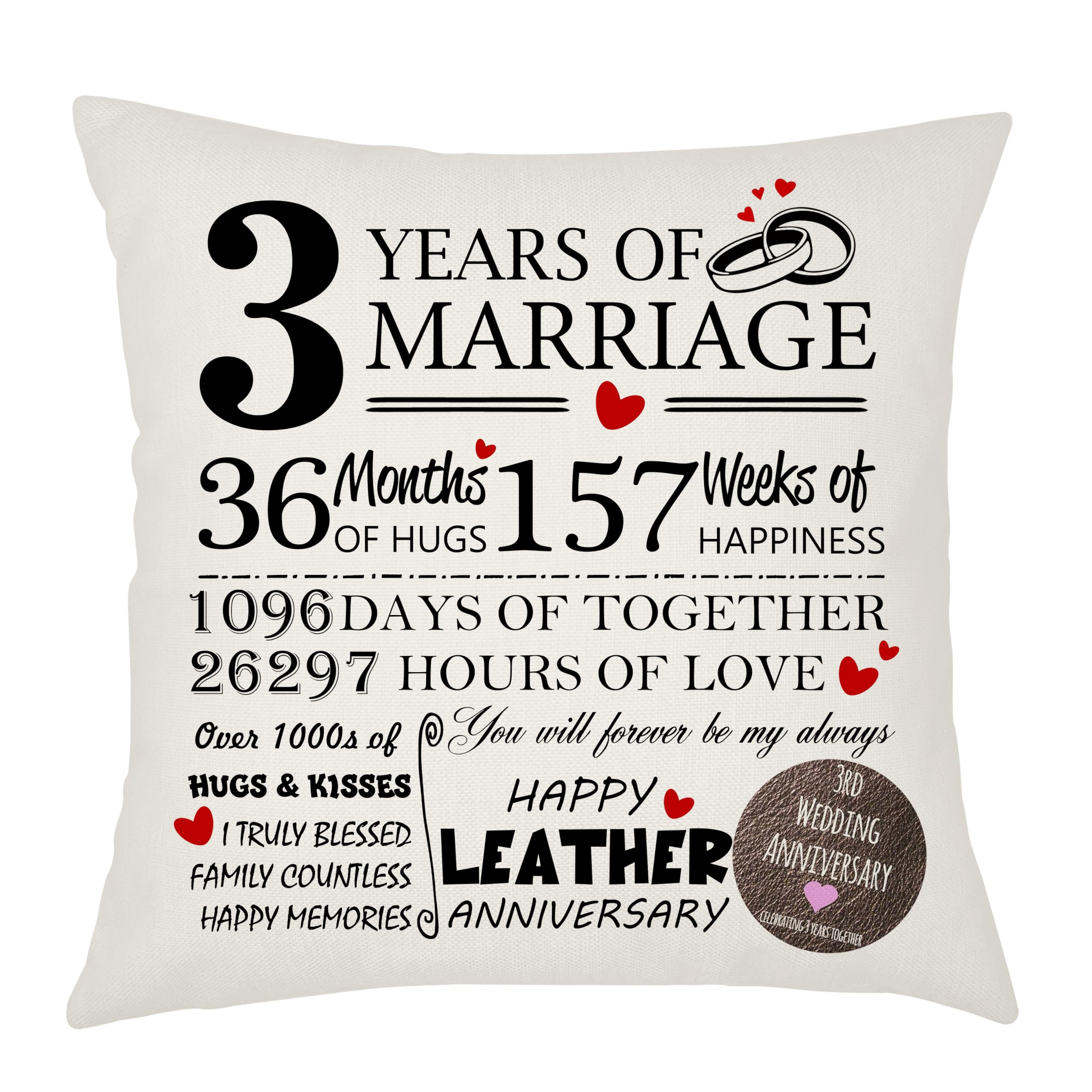 Weosan 3rd Wedding Anniversary Leather Anniversary Cushion Cover - Gift for Wife or Husband - 3 Years of Marriage Keepsake Present - Elegant 45x45cm Pillow Case (3 Years of Marriage)