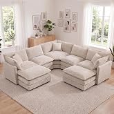 Oversized Modular Sectional Sofa, 7 Seater Deep Seat Cloud Couch Sectional | Chenille Corner Couch, 7 Pillows, 2 Movable Ottomans, For Spacious Living Room Reception Rooms, Large Families, Camel
