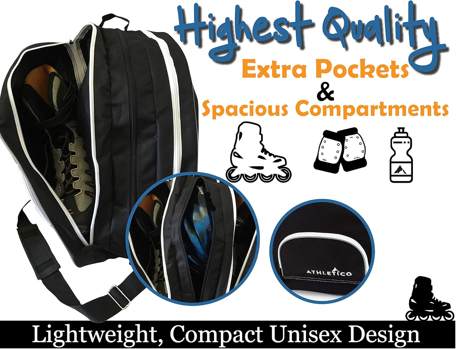 Athletico Ice Skate Bag + Large Skate Blade Cover - Bundle Includes Skate Bag for Ice Skates, Figure Skates, or Hockey Skates and Blade Cover to Protect Blades (Black) (Black, Large) : Sports & Outdoors
