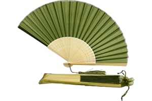 FANSOF.FANS Fabric Handheld Folding Hand Fan With a Tassel Grade A Bamboo Ribs for Women Girls Summer Party Event Favor Birthday Wedding Souvenir Gift (Moss/Olive Green)