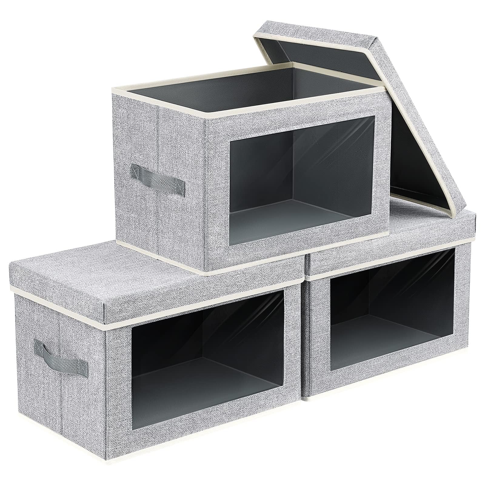 DIMJ 3 Pack Foldable Storage Boxes with Lids - Storage Bins with Clear Window, Fabric Storage Basket with Handle Wardrobe Organiser for Clothes, Toys, Books, Closet, Office