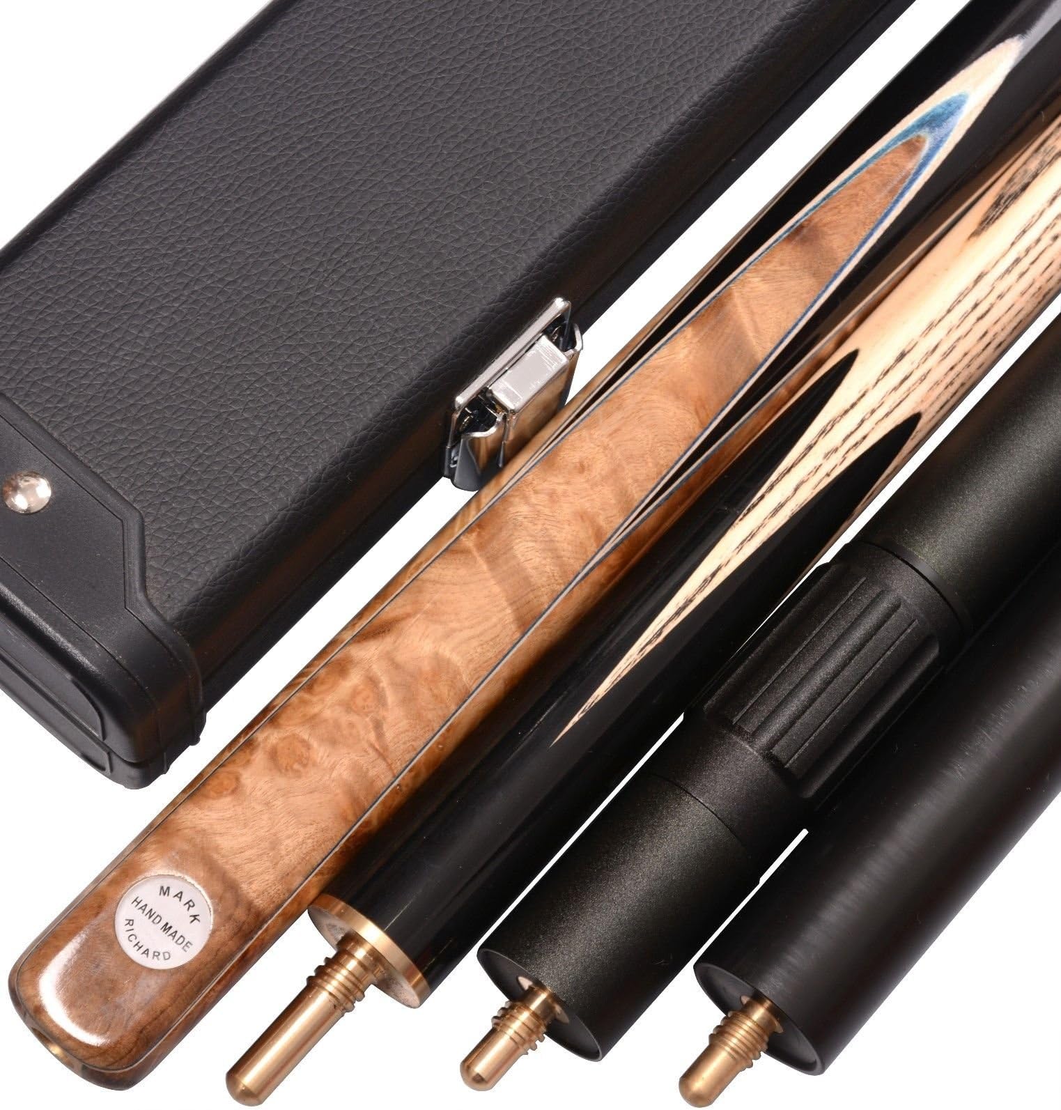 Stylish 60" Handmade 3/4 Piece Snooker Cue Ebony/Burl/Maple Butt and Ash Shaft Complete Set