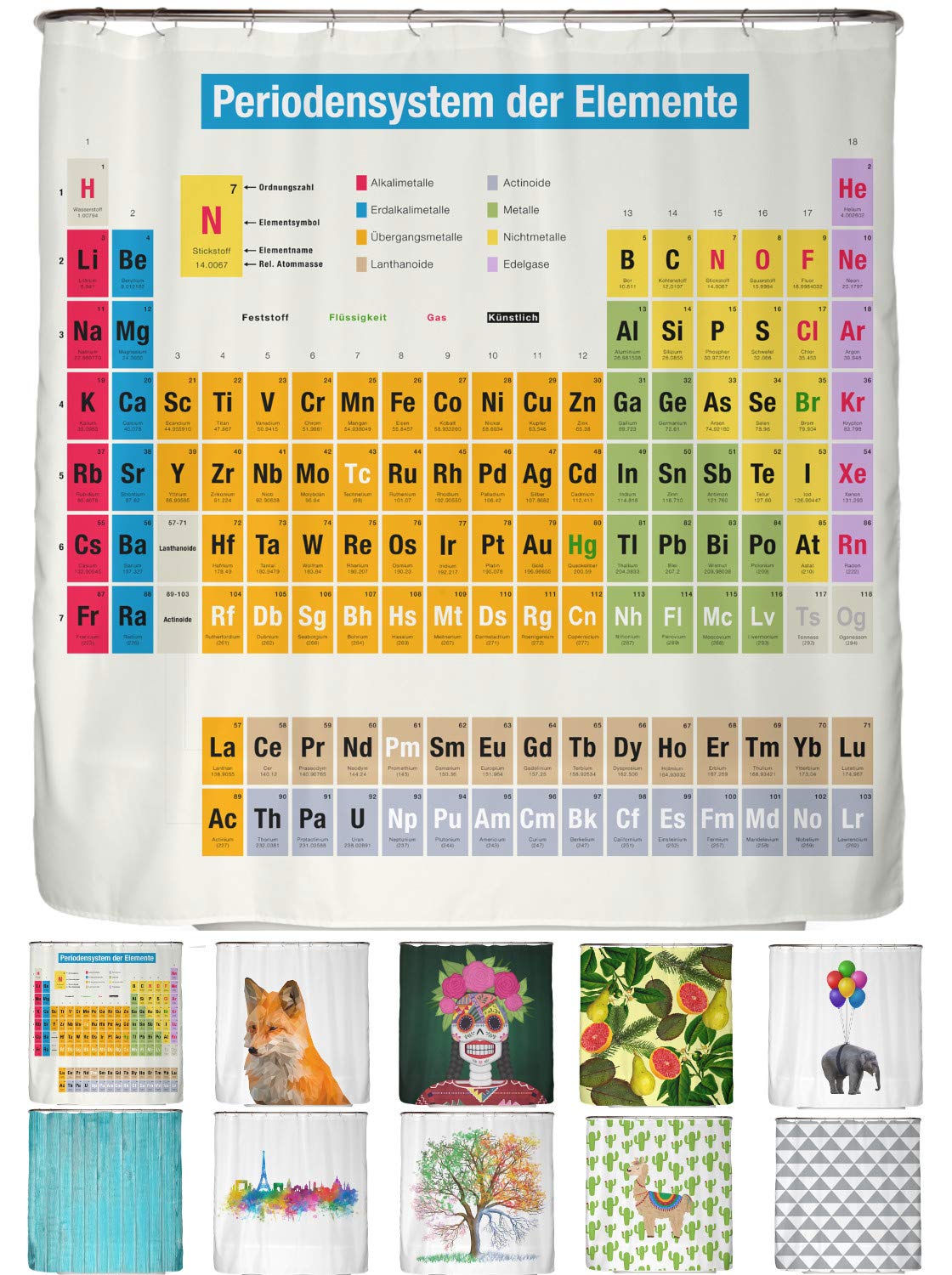 arteneur® - Periodic Table German - Shower Curtain 180 x 200cm - Mould Resistant Fabric, Weighted Hem, Opaque, Waterproof, Washable incl. 12 hooks