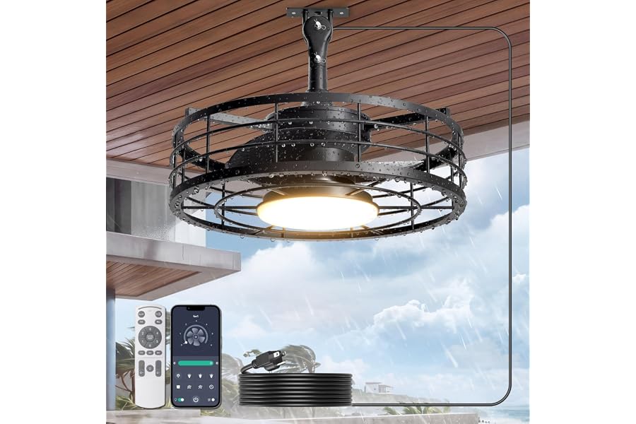 Phylluz Outdoor Ceiling Fan with Lights - 16'' Wet Rated Gazebo Fan Remote/APP Control, Caged Hanging Fan Plug and Play for Covered Patio Porch, Black