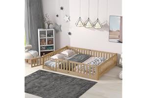 A ALFRESCOOL Queen Size Montessori Floor Bed with Safety Fence & Convertible Door, Pine Wood Floor Bed Frame with Support Slats and Full-Length Guardrails for Toddler Kids Girls Boys (Natural)