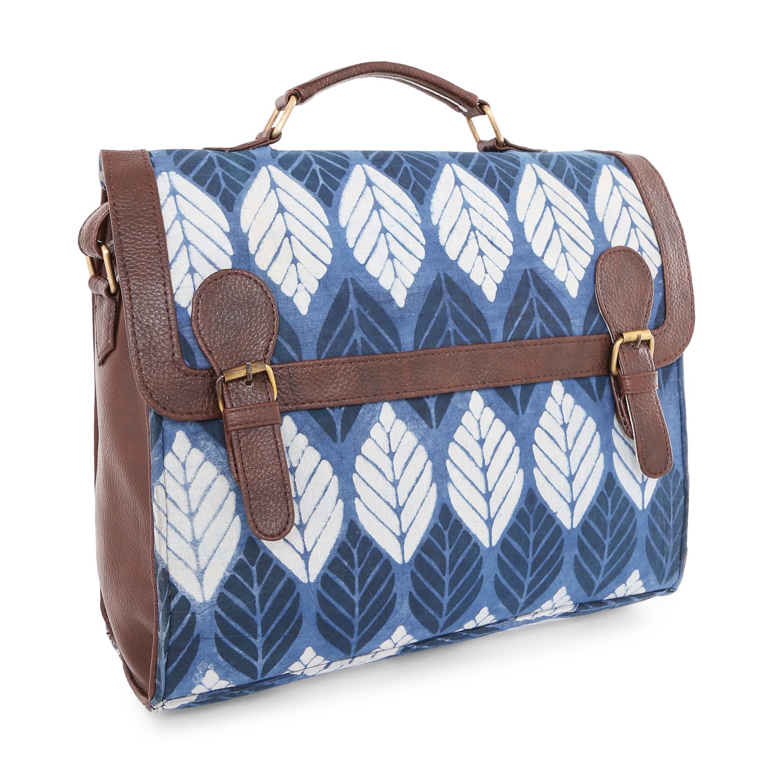 vivinkaa ethnic printed blue leaf print satchel