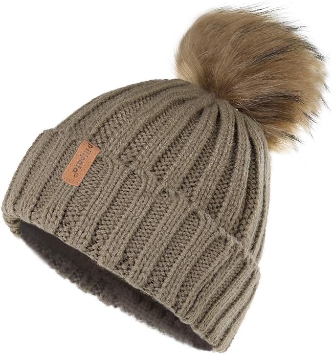 Amazon Pilipala レディース ニットビーニー帽 ファー付き ポンポン付き 冬用帽子 スキーキャップ Us サイズ One Size カラー ベージュ ニット 通販