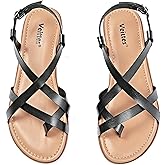 Veittes Women's Gladiator Flat Sandals, Criss Cross Ankle Strap Design, Non-slip Sole, Open Toe Summer Beach Toe Ring Thong Sandals