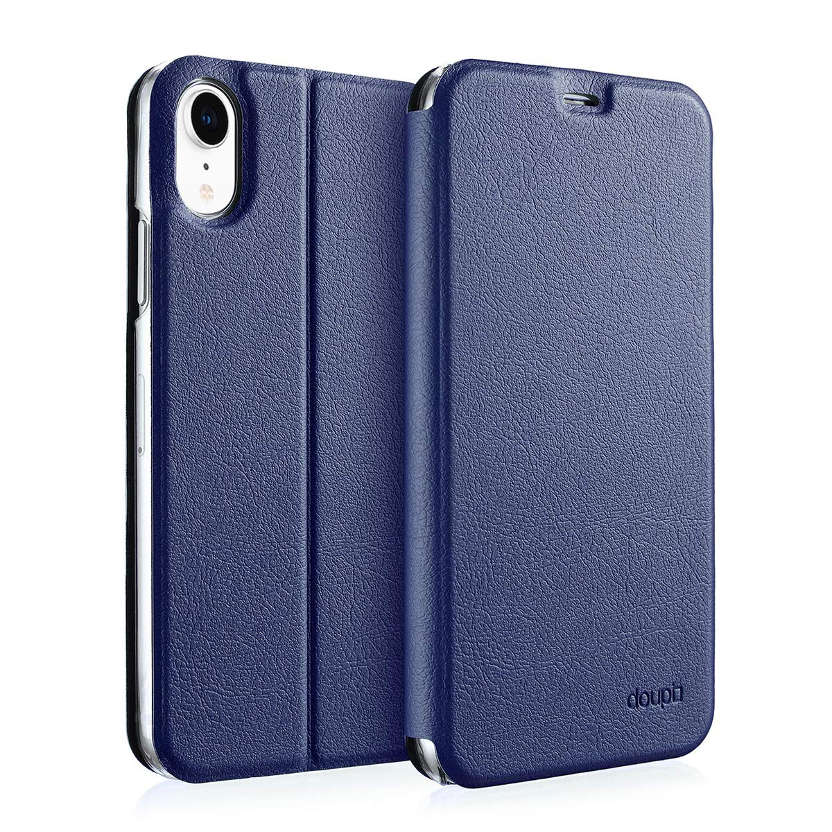 doupi FlipCase for iPhone XR (6.1 inch) - Deluxe Leatherette Magnet Book Style Screen Protector Stand Protective Flip Cover, dark blue