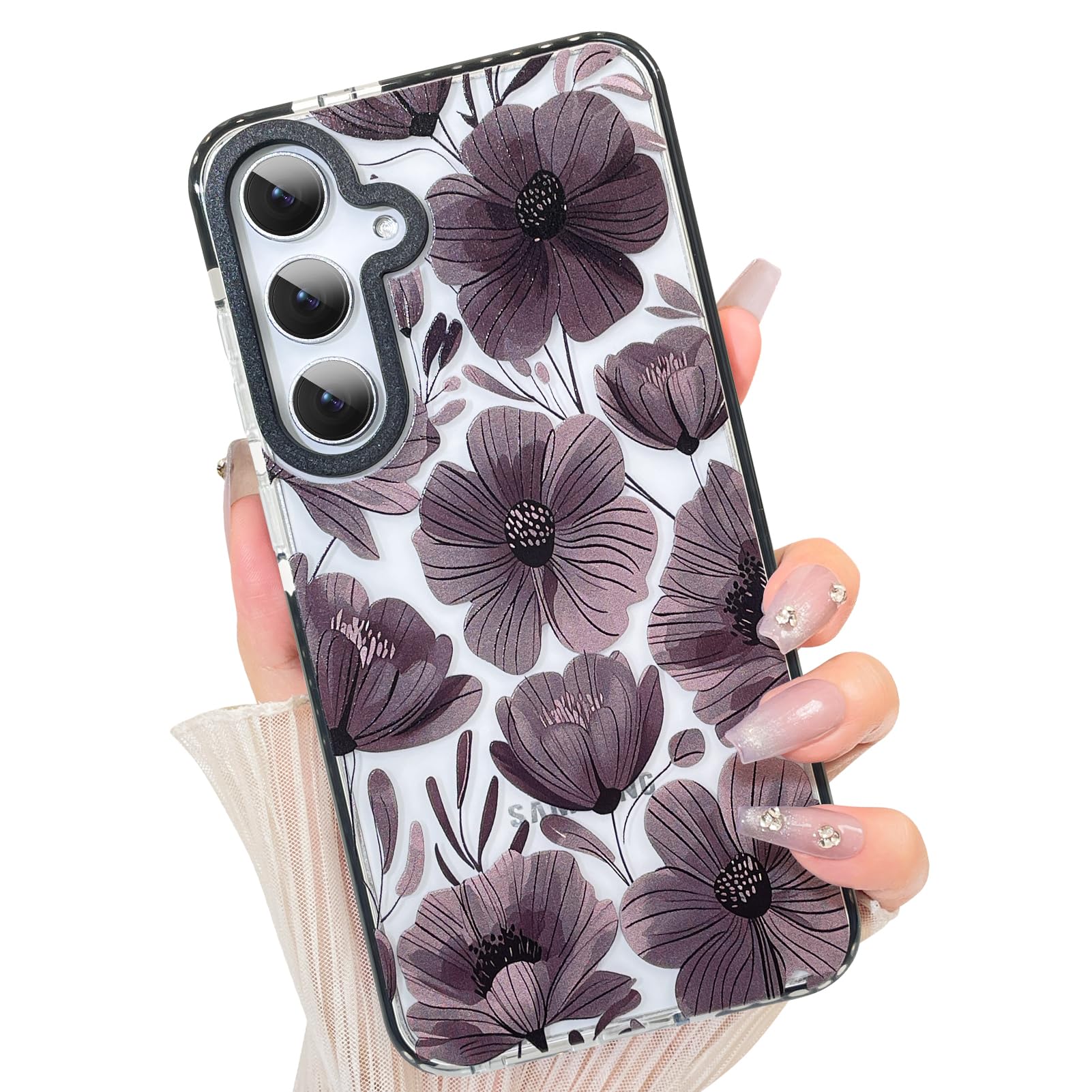MZELQ Clear Case Compatible with Samsung Galaxy S25 Plus for Girls Women, Cute Flower Floral Slim Crystal Transparent Soft TPU Protection Back Cover for Galaxy S25 Plus, Black