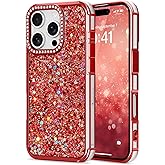 ROSEHUI Glitter Bling Case for iPhone 16 Pro Max Sequin Glossy Back Cover with Luxury Crystal Diamond Rhinestone Camera Bumper, Slim Soft Silicone TPU Shockproof Protective Phone Case for Women, Red