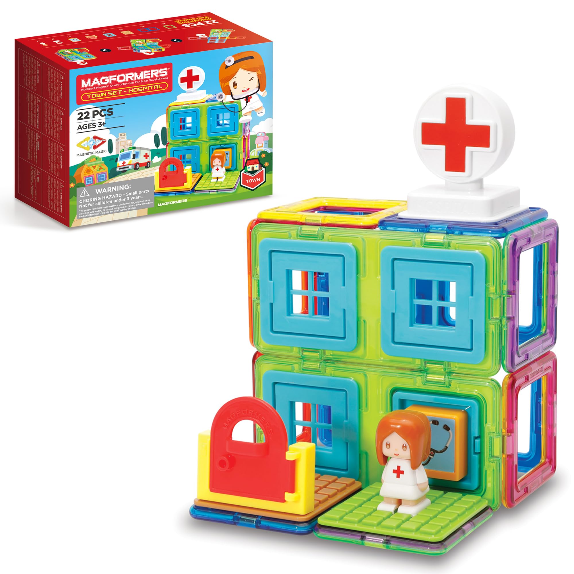 Magformers Town Hospital Magnetic Building Blocks With Nurse Character. STEM and Roleplay Toy.