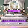 Dnxao King Size Bed Frame and Bookcase Storage Headboard, LED Upholstered Bed Frame King with Charging Station, Light up King Size Platform Metal Bed Frame, No Box Spring Needed, Charcoal Gray