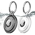 2 Pack IPX8 Waterproof AirTag Keychain Holder Case, Lightweight, Anti-Scratch, Easy Installation,Soft Full-Body Shockproof Air Tag Holder for Luggage,Keys, Dog Collar (Black+Clear)
