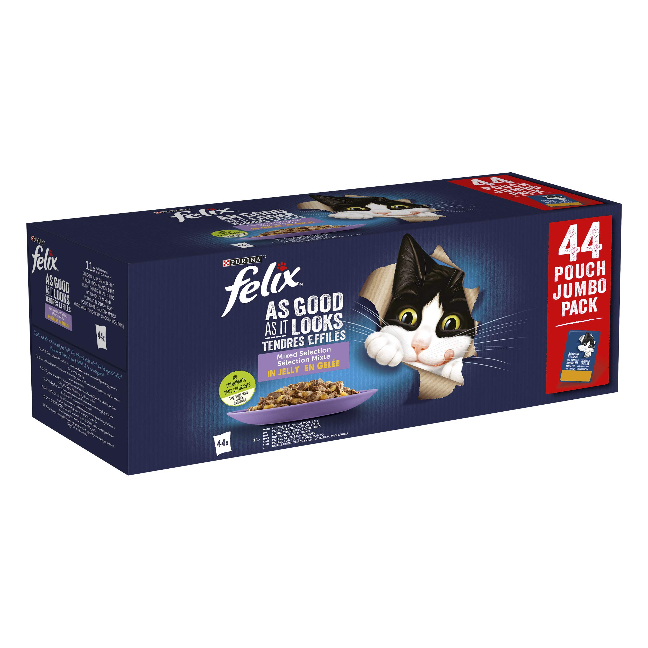 Felix Fantastic Nourriture Humide pour Chat Adulte, gélatine, Assortiment de Boeuf, Poulet, Saumon et Thon, Lot de 44 sachets de 85 g