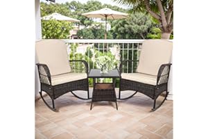 CHABATREE 3 pcs Rocking Bistro Set Conversation Chairs PE Wicker Outdoor Rocking Chairs(Rocking Set,Beige)