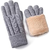 Winter Warm Fleece Lined Gloves for Women, Thermal Wool Cable Knit Gloves for Cold Weather, Touchscreen Fingers Folding Cuffs