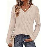 PRETTYGARDEN Fall Fashion 2026 Long Sleeve Shirts for Women Ribbed Knit V Neck Dressy Casual Lightweight Sweaters Tunic Tops