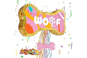 MUWOOB Dog Bone Pinata for Puppy Birthday Party Decorations, Pull String Pinata for Dog Themed Party Supplies, Golden and Pink Bones (16.5 x 9 x 3 inches)