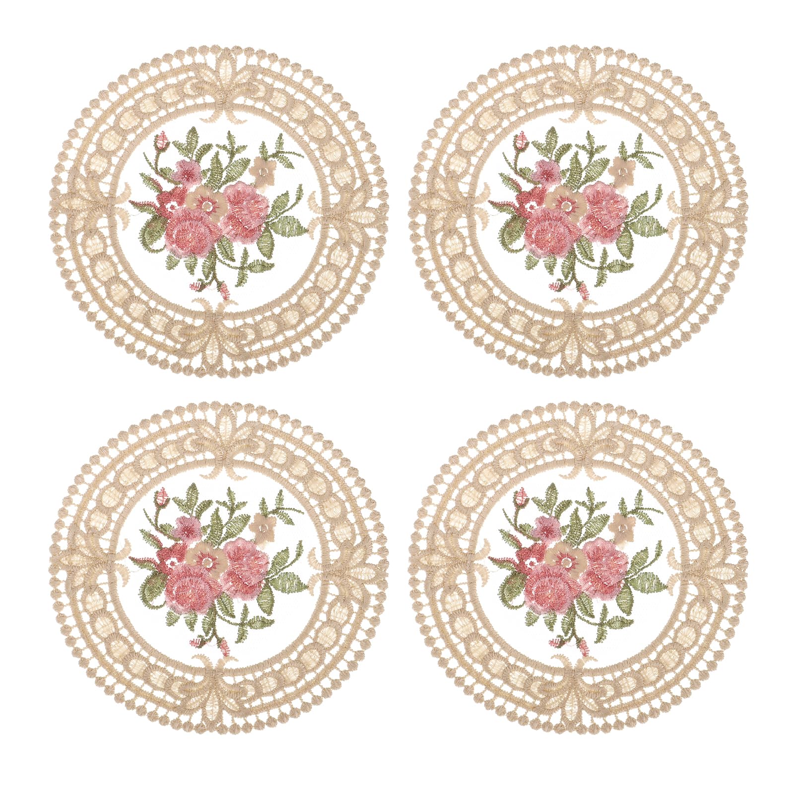 uxcell Fabric Coasters, 4pcs 4.7" - Polyester Crochet Coasters, Round Lace Embroidery Cup Mat with Floral Pattern for Wedding Party Decoration (Camel)