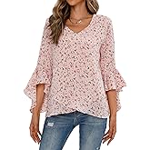 Hozoely Womens Summer Chiffon Blouses Floral Print V-Neck Bell Sleeve Tops Dressy Casual T-Shirts Fashion