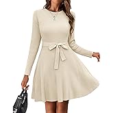 HOTOUCH Women's Fall Winter Casual Dress Crewneck Long Sleeve A-Line Sweater Dress Bodycon Ribbed Knit Dress with Belt
