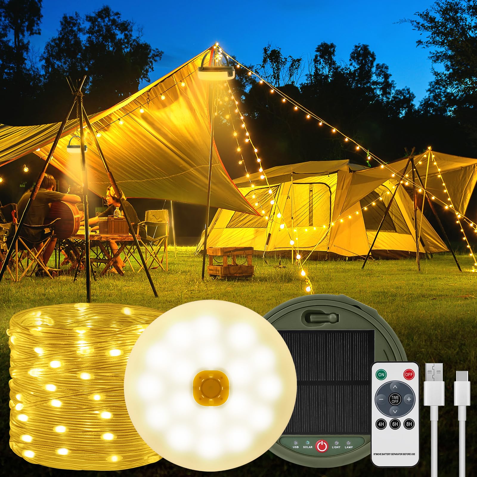 AMFUN 39FT/12M 120LED String Lights, Solar Camping String Lights Reel, USB Rechargeable, Waterproof, Retractable Camping String Lights for Outdoor, Indoor, Home, Patio, RV, Garden, Warm White