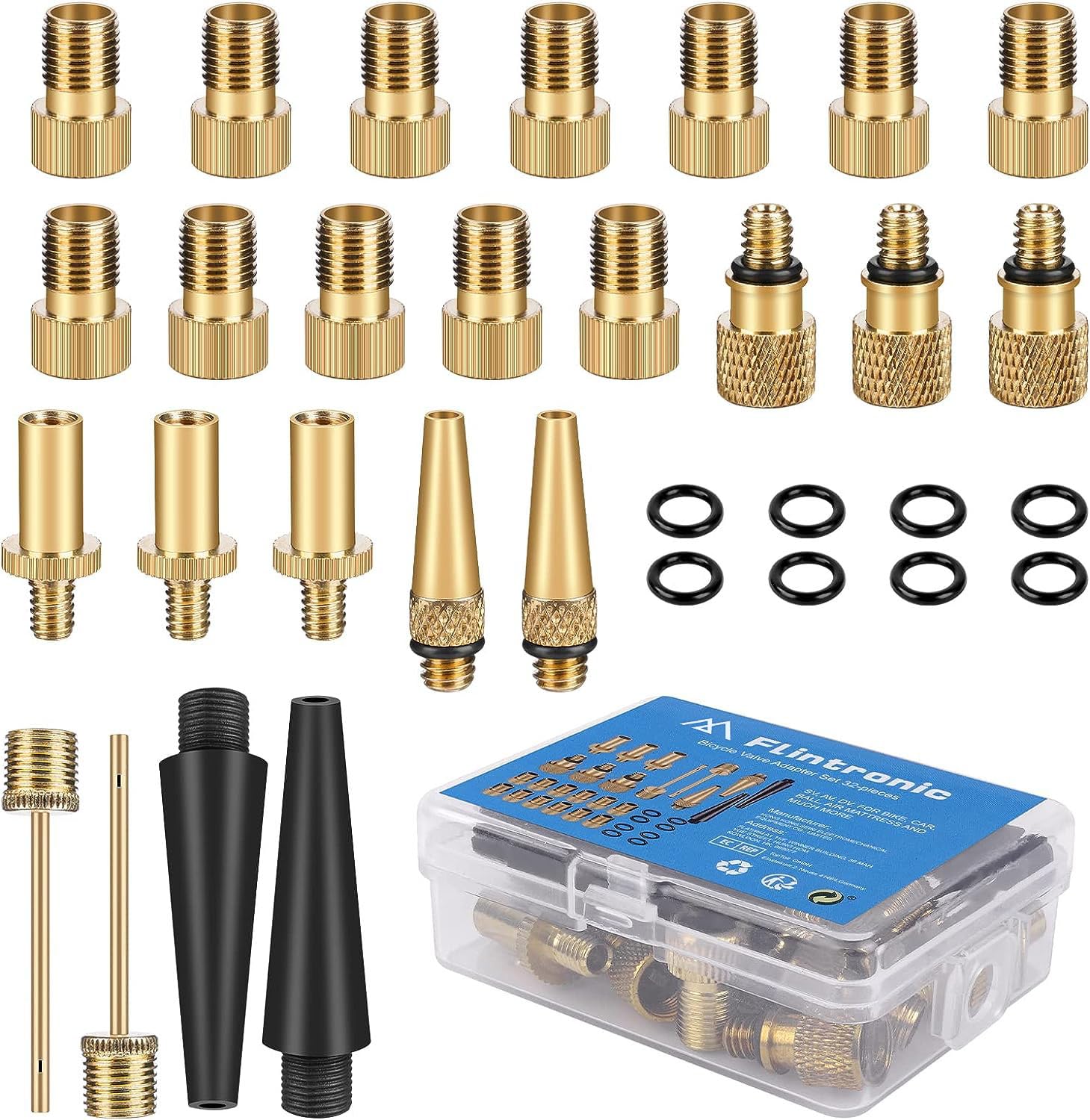 Flintronic 32 Pack Bicycle Valve Adapter Kit - Air/Pressure Pump Adapter for DV, SV, AV Valves