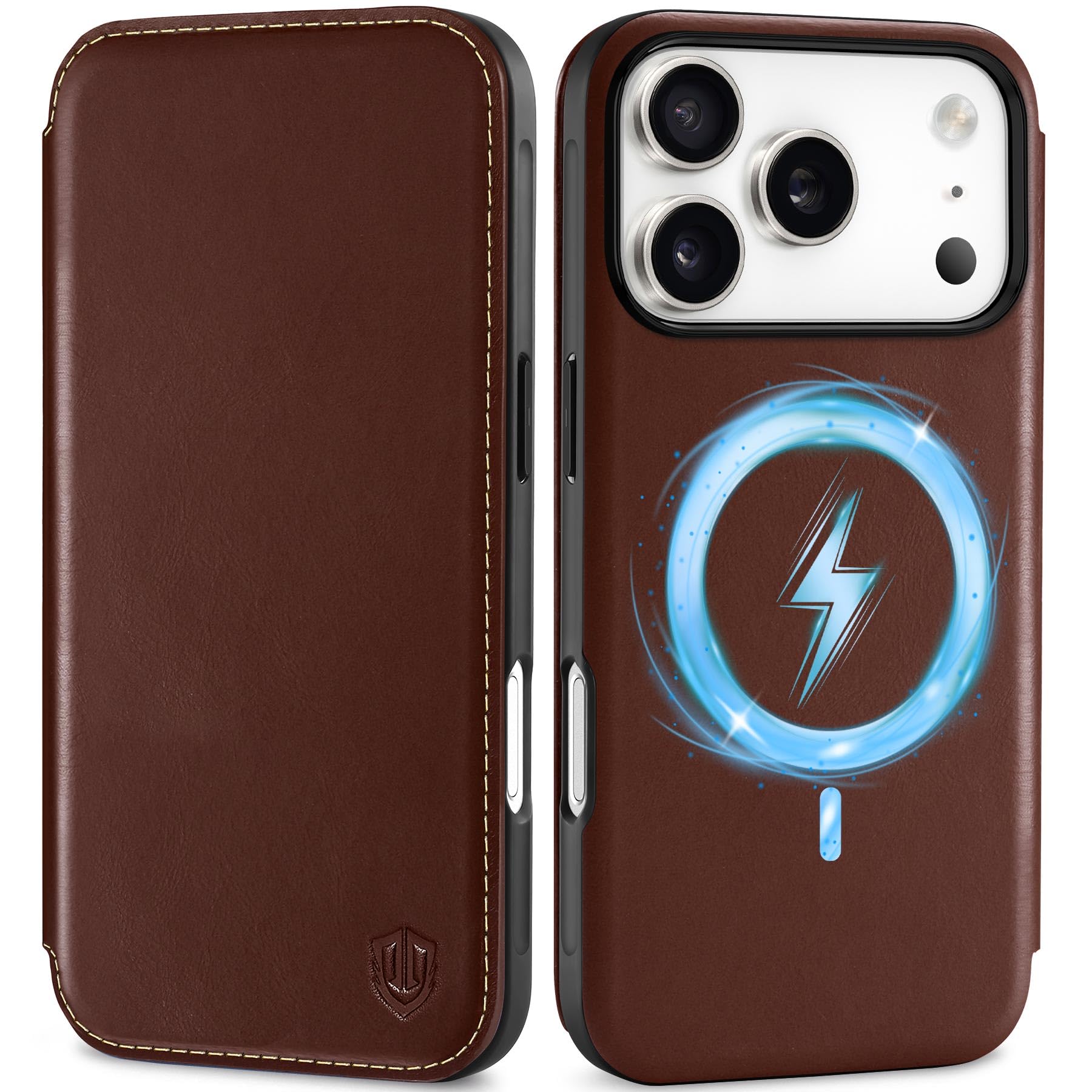 SHIELDON Slim Case Wallet for iPhone 17 Pro 6.3-inch 2025 | Genuine Leather, Flip Design, Wireless Charging, Magnetic, RFID Blocking Credit Card Holder, Full Protective Cover - Retro Coffee