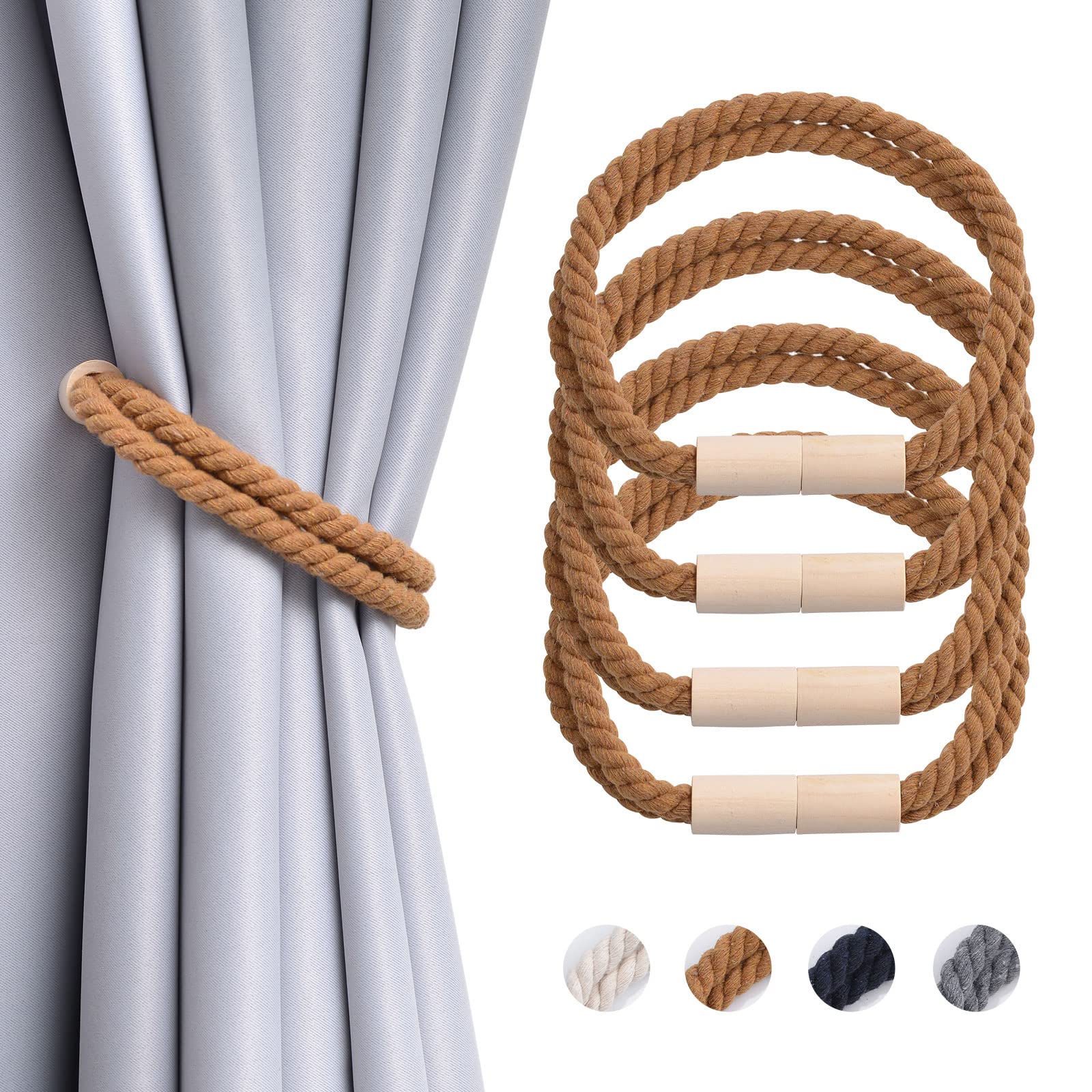 Pretty Jolly 4 Pack Wooden Magnetic Curtain Tiebacks Boho Decoration Drape Tie Backs Natural Cotton Handmade Double Rope Curtain Holdbacks for Thin or Thick Home & Office Window Drapery (New Coffee)
