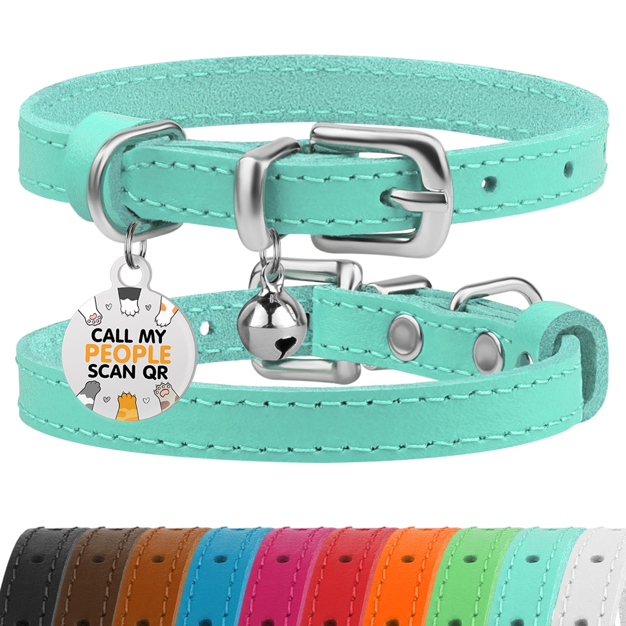 BRONZEDOG Leather Cat Collar with Removable QR-ID Tag – Kitten Collar with Bells, Non-Breakaway, for Girls & Boys (18-22 cm, Turquoise & Silver)