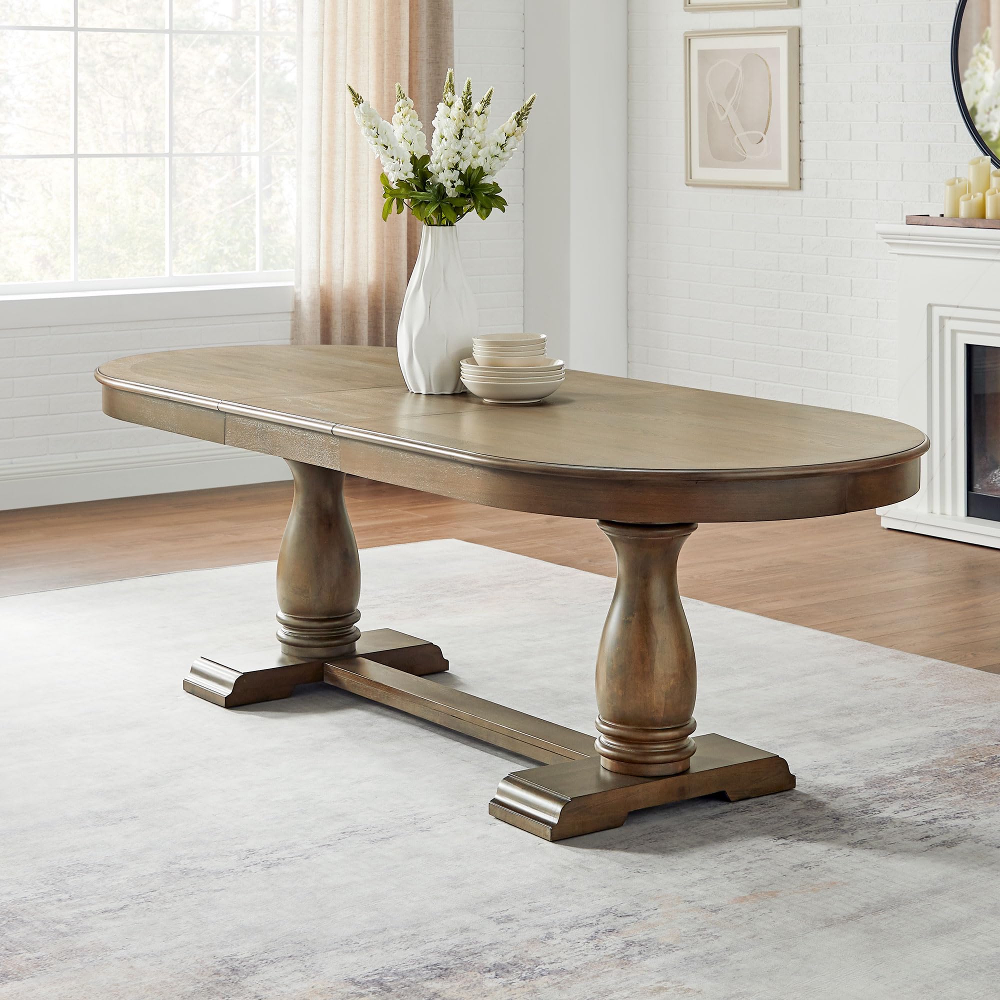 Photo 1 of 76" to 94" Wooden Farmhouse Oval Extendable Dining Table with a 18 Inch Leaf for 6-8 Persons, Retro Functional Furniture for Kitchen, Living Room