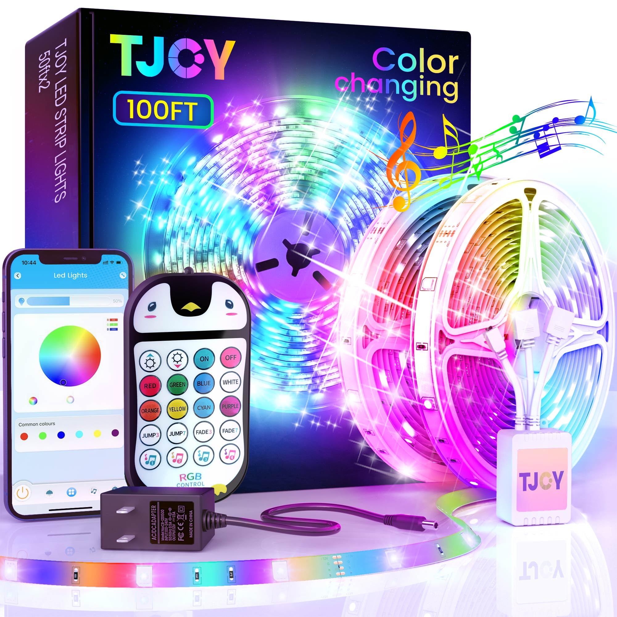 Photo 1 of TJOY 100ft Kids Bluetooth LED Strip Lighting, Color Changing Lights for Bedroom, Music Sync RGB Tape Lighting with Child Remote, LED Lights for Room Decor Aesthetic Indoor(50ftx2)