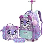 Egchescebo Kids Rolling Animal Backpack for Girls Trolley Suitcases Luggage Travel with Wheels Bookbag Wheeled 17" 3PCS Roller Backpacks Set Toddler Back Pack School Bags for Elementary Purple