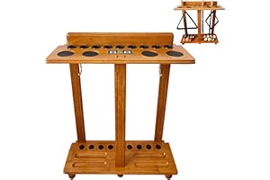GACCO BILLIARDS Floor Pool Cue Rack Hold 9 Cue Sticks & Billiard Accessories. Corner Stand Pool Cue Holder Made of 100% Solid Hardwood with Billiard Scorer.CUE RACK ONLY (Classic Oak)
