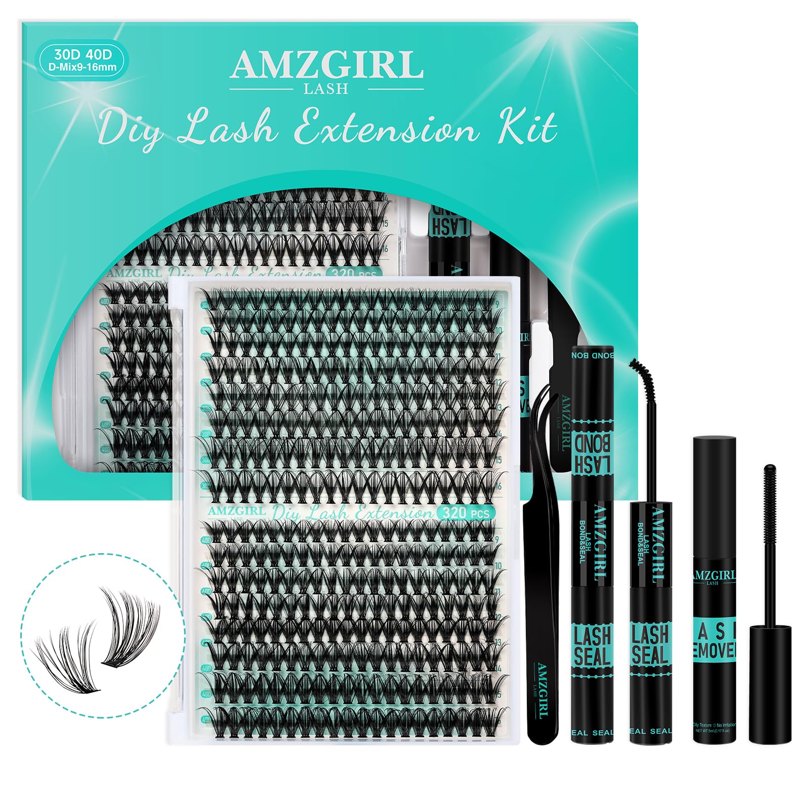 Lash Extension Kit 320Pcs,DIY Individual Lashes Clusters Kit,Lash Bond And Seal,Lash Remover For Eyelashes Extensions,Lash Applicator Tool For False Eyelash Cluster Kit At Home(3040D,D-Mix9-16mm Kit) — image 1