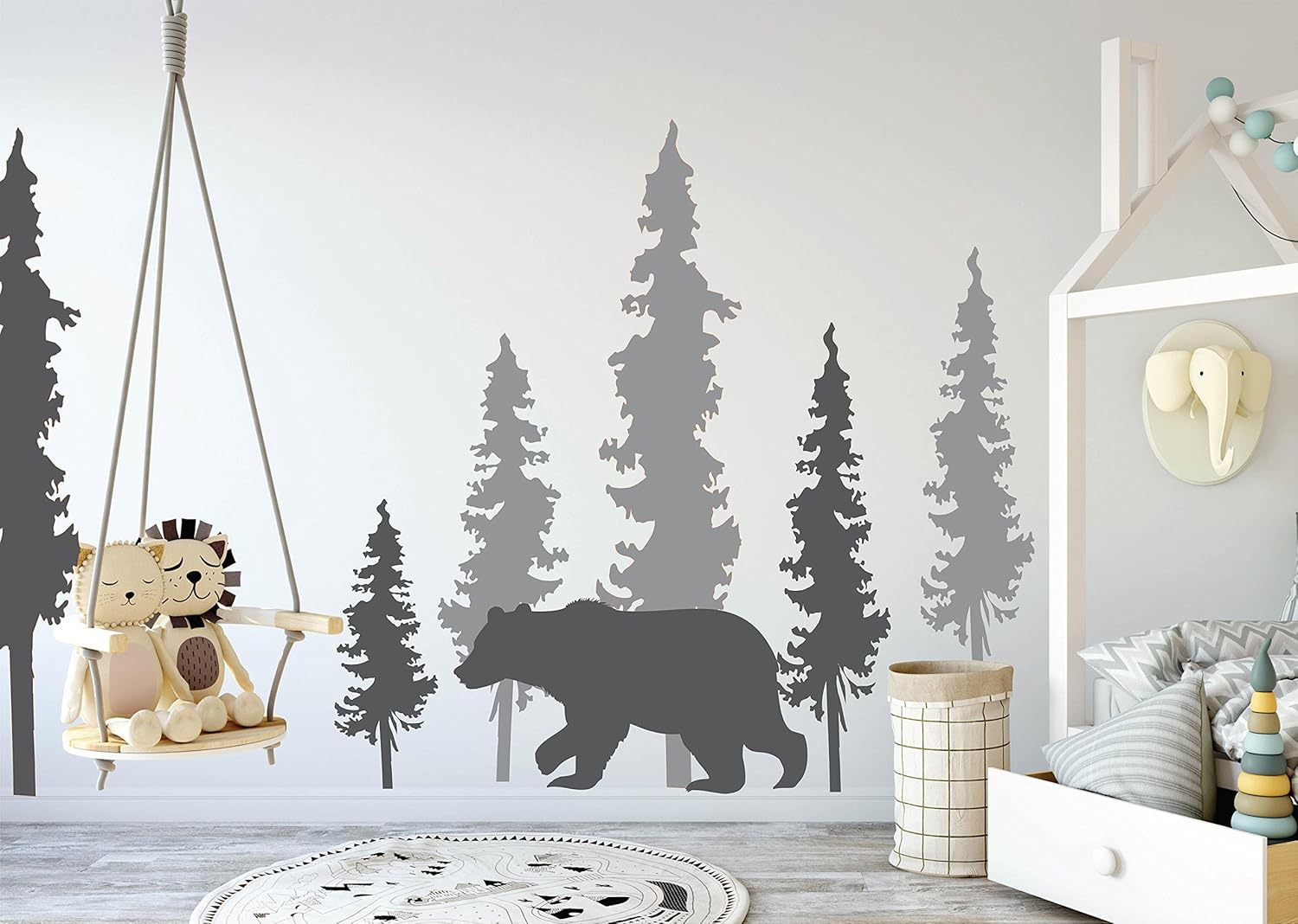 N.SunForest Woodland Wall Decals Pine Trees Bear Decal Woodland Decals Woodland Decor Pine Tree Decals Bear and Trees Decal Woodland Mural