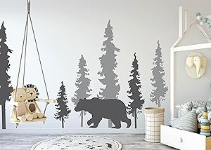 N.SunForest Woodland Wall Decals Pine Trees Bear Decal Woodland Decals Woodland Decor Pine Tree Decals Bear and Trees Decal Woodland Mural