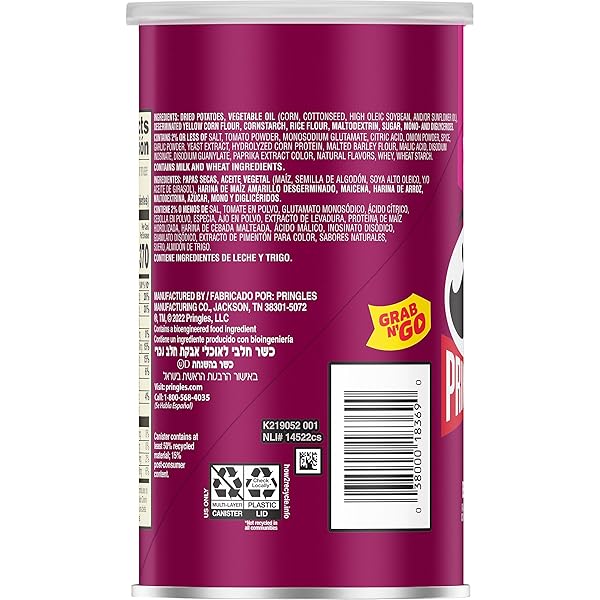 PRINGLES POTATO CRISPS CHIPS, LUNCH SNACKS, OFFICE AND KIDS SNACKS, GRAB N’ GO SNACK PACK, BBQ, 2.5OZ CAN (1 CAN)