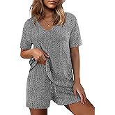 Ekouaer Womens 2 Piece Lounge Sets Summer Two Piece Outfits Ribbed Knit V Neck Short Sleeve Tee and Pockets Shorts Sets