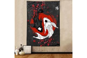 SANZUGH Japanese Yin Yang Koi Fish Tapestry, Cool Red and Black Anime Sakura Art Tapestries Vertical Wall Hanging for Men Bedroom Living Room Office Decor 40X60", Asian Cherry Blossoms Poster Blanket