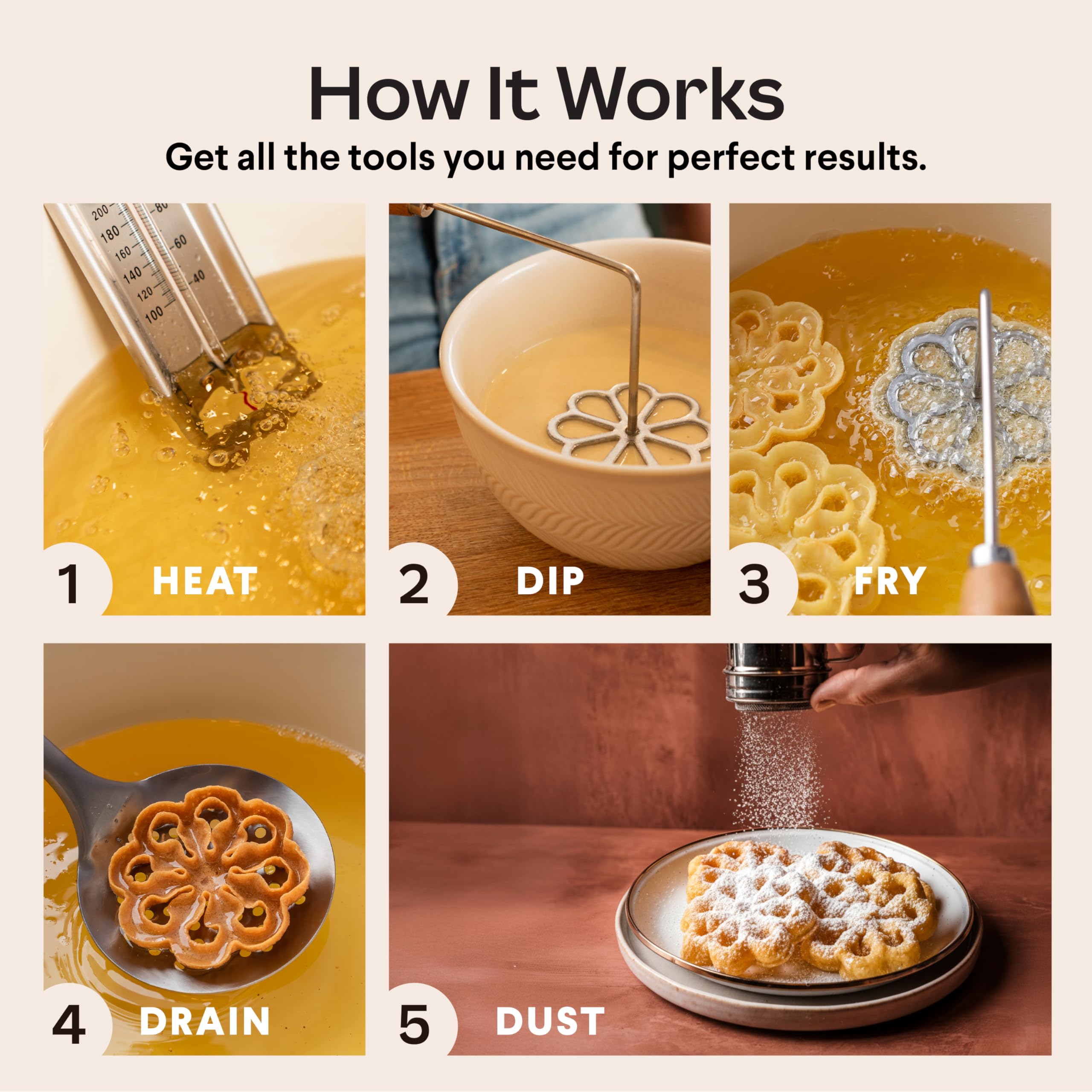 Swedish Rosette Iron Set with Handle Cooking Gifts – Rosette Maker & Bunuelos Mold Holiday Baking Essentials | Funnel Cake Maker & Waffle Iron Kit – Rosettes Unique Baking Gift Set for Women