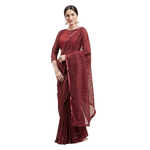 Womanista Womens crepe with Blouse Piece 7510 Sarees (TI1165_ Maroon_ One Size)