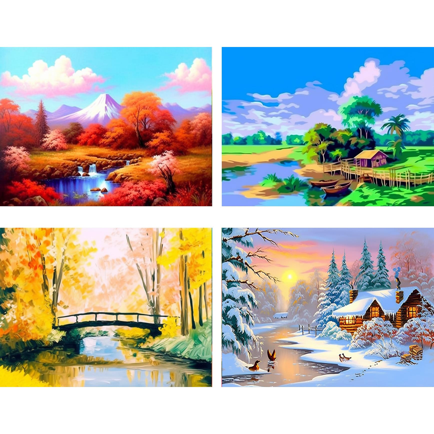 Ginfonr 4 Pack 5D Diamond Painting Full Drill Four Season Landscape by Number Kits, Spring Summer Autumn Winter Scenery Rhinestone Craft Paint with Diamonds Art Decor 30x40 cm (12”x16”)