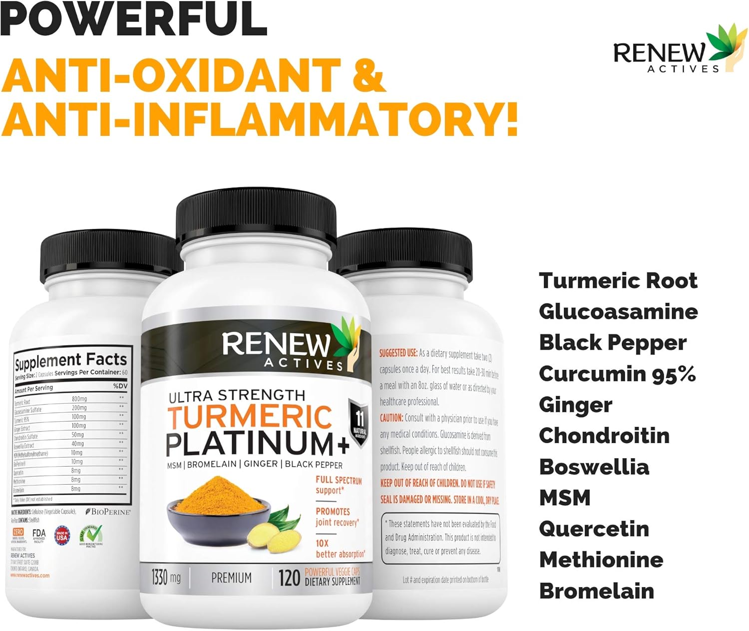 Renew Actives Turmeric Curcumin Supplement Extra Strength Turmeric Platinum + Supplement with