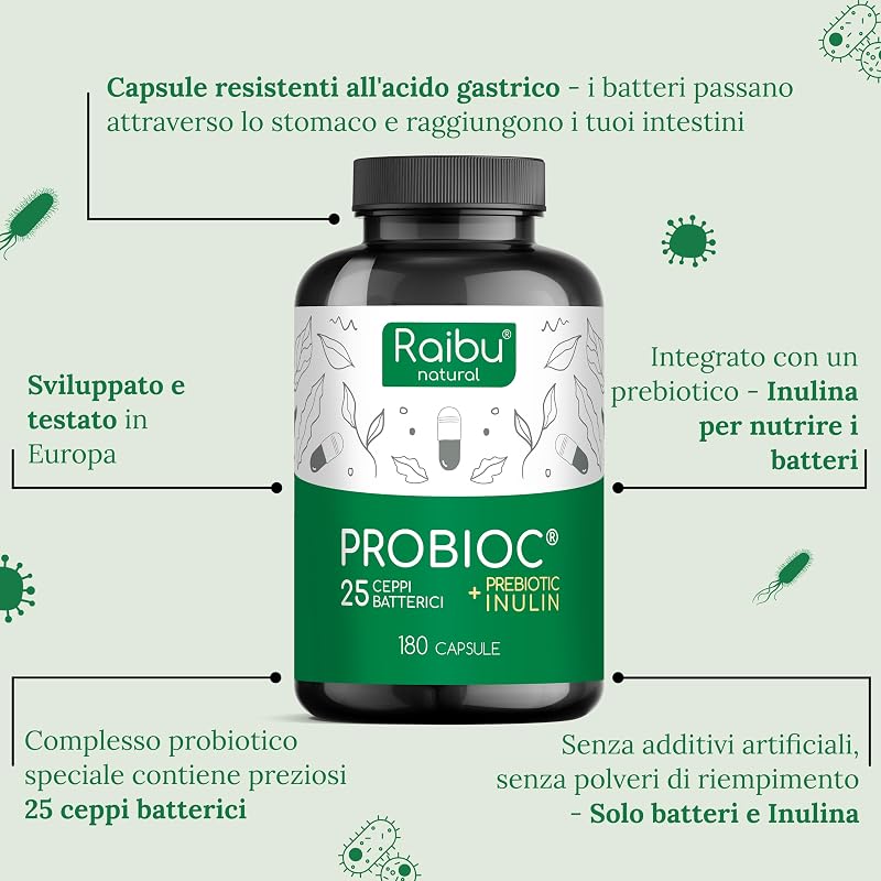 Probiotici Fermenti Lattici per Intestino - 180 Capsule, 25 Ceppi Batterici con Inulina, 60 Miliardi UFC - Resistenti ai Succhi Gastrici, Alta Dosaggio & Inclusi Lactobacillus e Bifidobatteri - Raibu