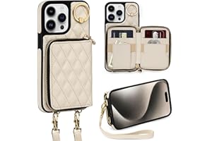 Keallce Case for iPhone 15 Pro Max 6.7'' Wallet Case, Crossbody Zipper Purse Handbag Wristlet for Women, RFID Blocking Card Holders, 360° Ring Kickstand Flip Leather Cover for iPhone 15 Pro Max, Beige