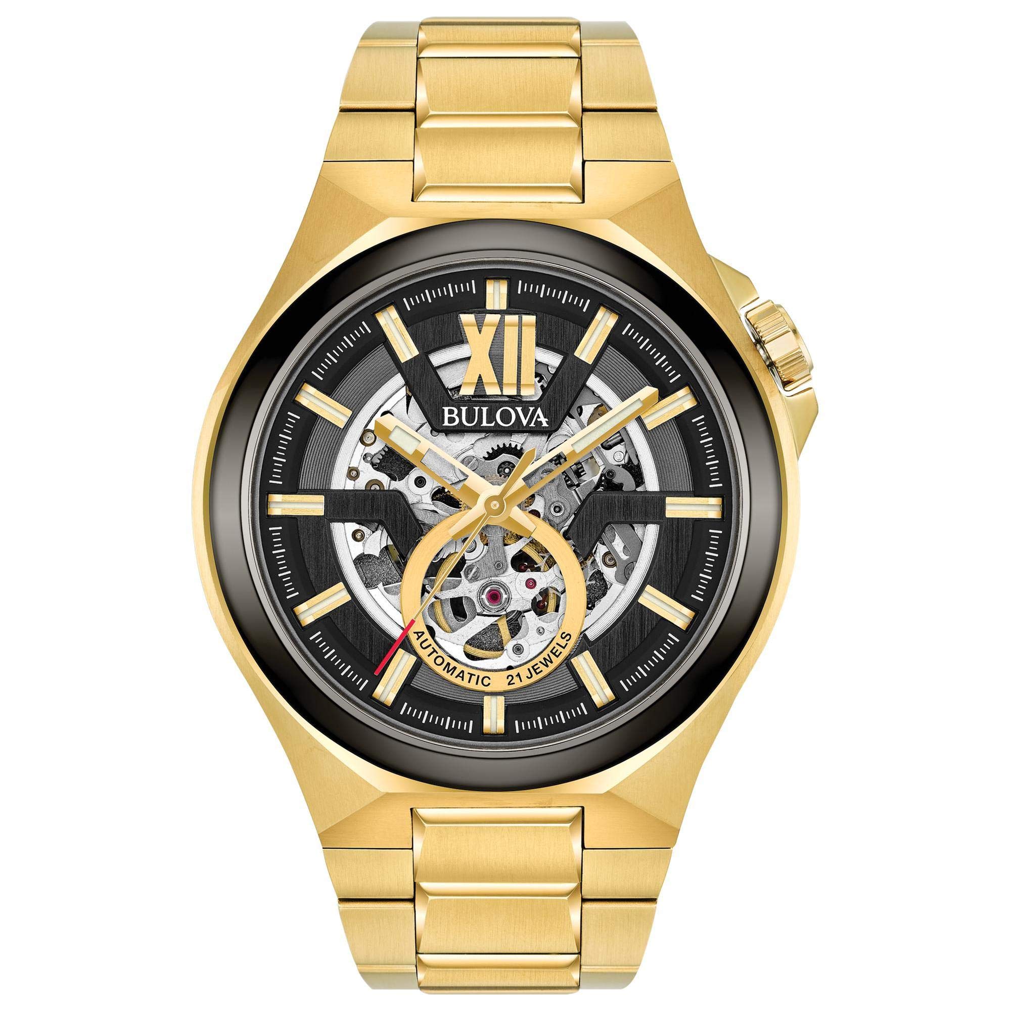 Bulova Reloj automático clásico de acero inoxidable con 3 manecillas en tono dorado Maquina para hombre, estilo de esfera esqueleto: 98A178
