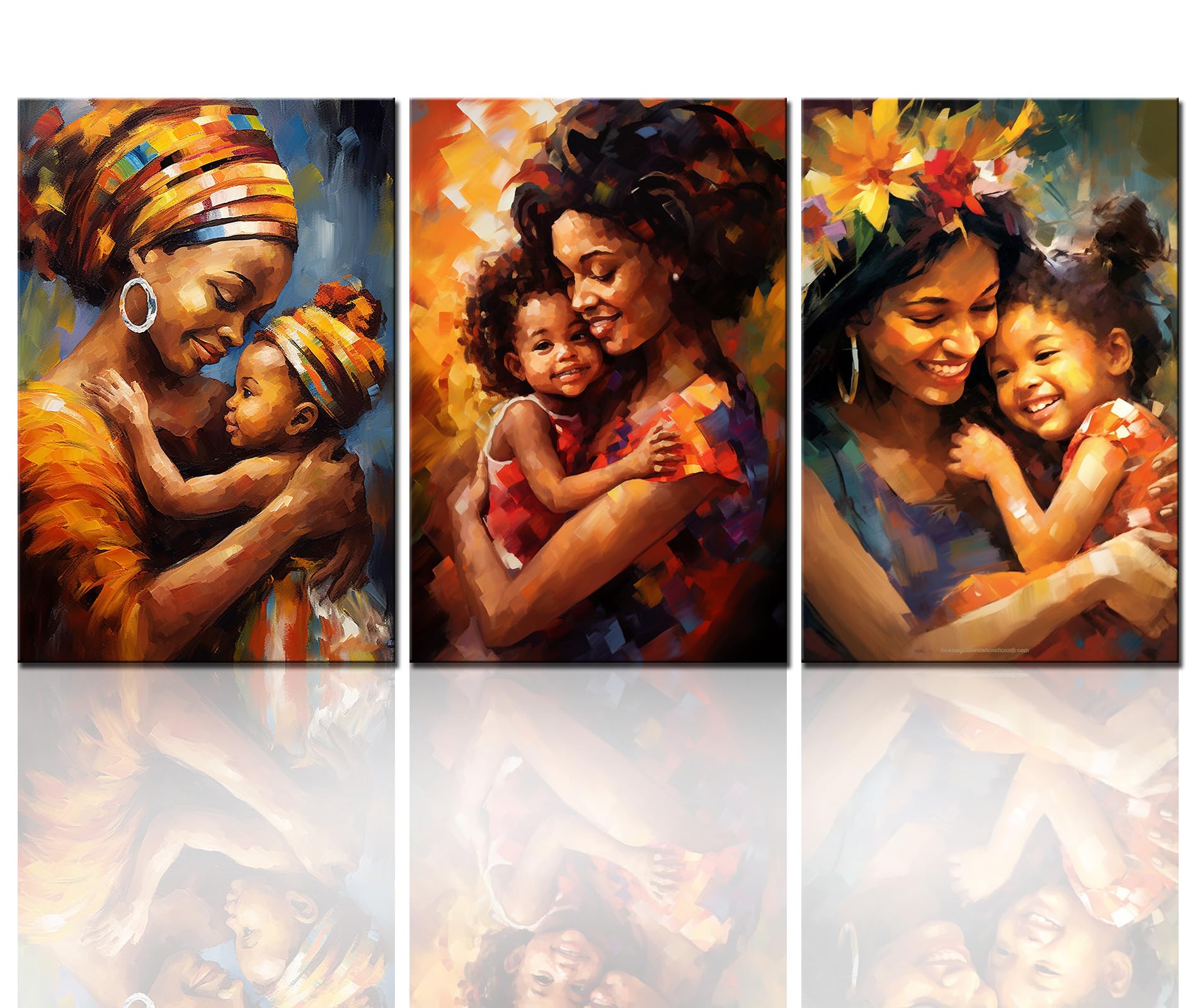 Tucocoo Room Wall Pictures Happy African Mother Paintings 3Pcs Canvas Smiling Black Baby Girl Art Beautiful Modern Artwork Home Decor for Living Room Framed Gallery-wrapped Ready to Hang 42''Wx20''H